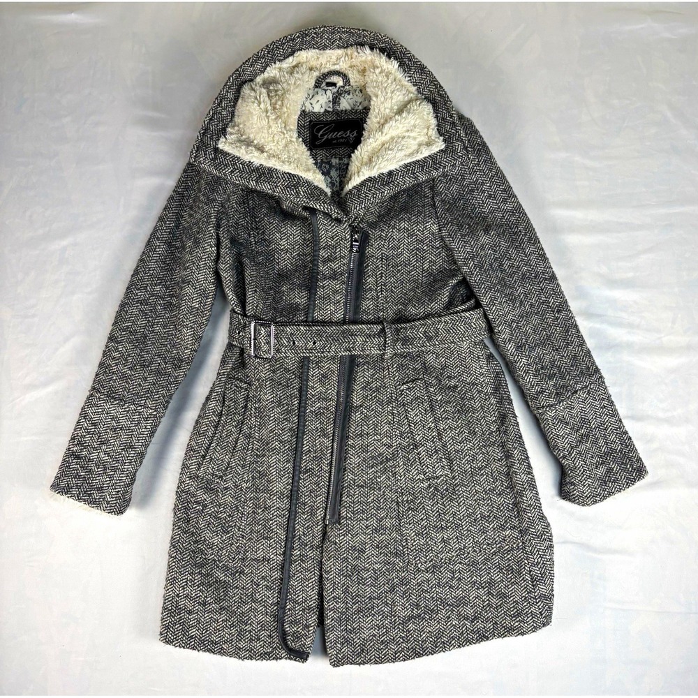 GUESS Womens Gray Herringbone Belted Zip Coat Faux Fur Lined L 22CME858